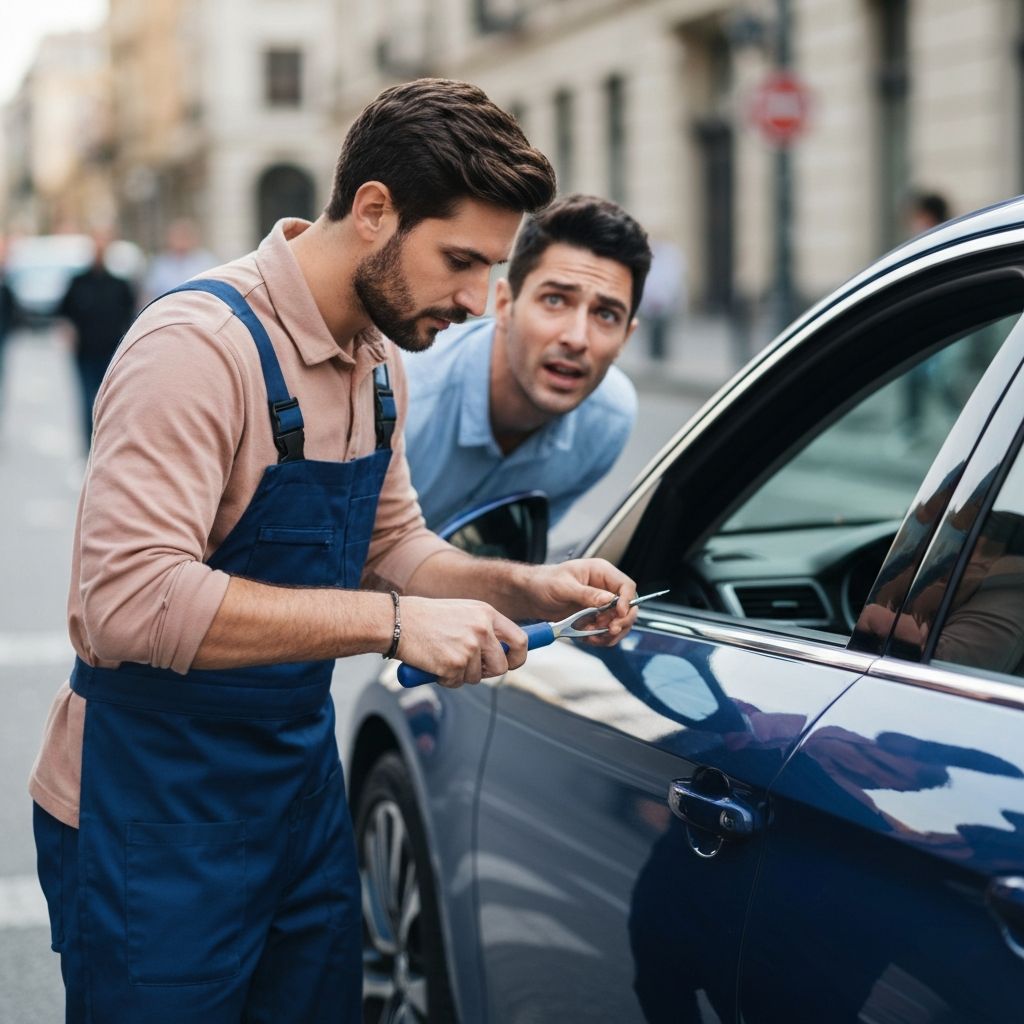Professional locksmith assisting with emergency car lockout service