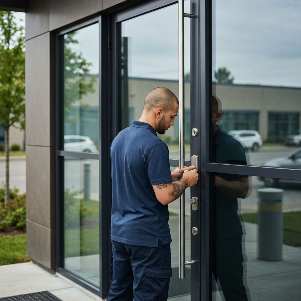 Locksmith resolving emergency commercial lockout at business entrance